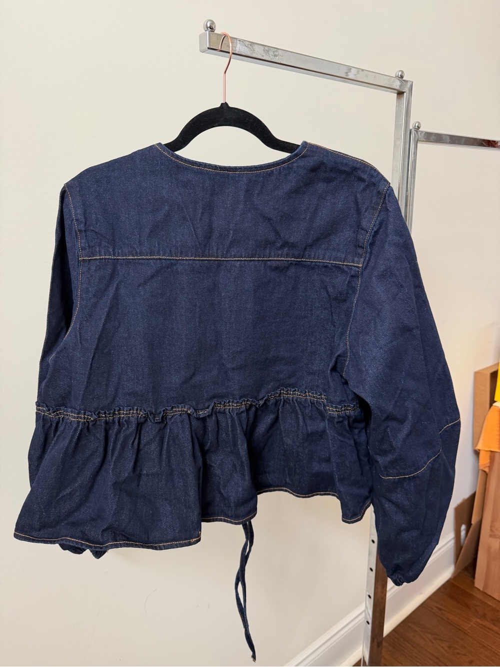Cider Women's DENIM ROUND NECKLINE TIE FRONT RUFFLE HEM JACKET - Picture 2 of 3